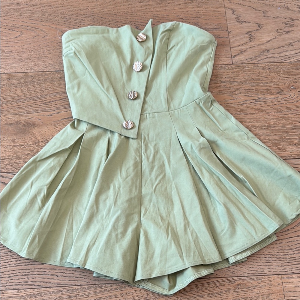 Strapless Sage Green Pleated Romper with Button Front